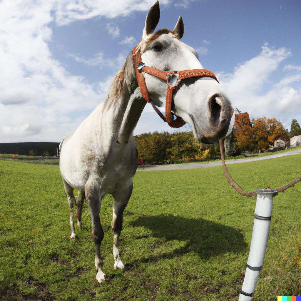 a horse, photograph taken with a fisheye lens, 10mm